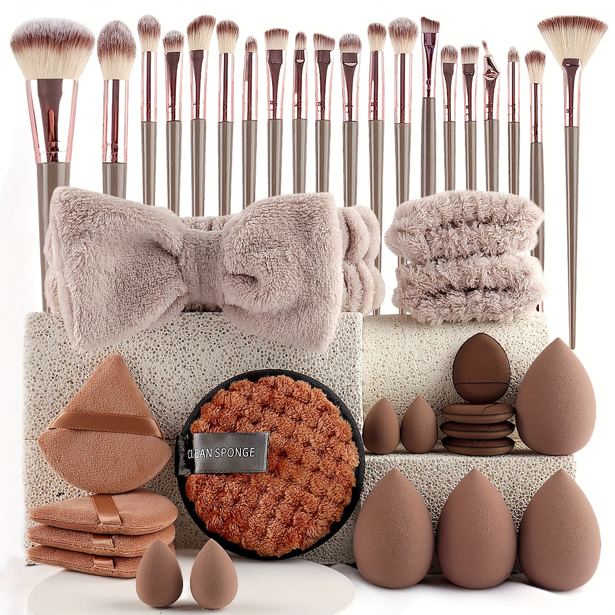 Professional Makeup Brush Set in Combination Light Beige - 20/40pcs with High-Quality Nylon Bristles, Headbands, Sponges & Velvet Applicators, ABS Plastic Handles, Fragrance-Free